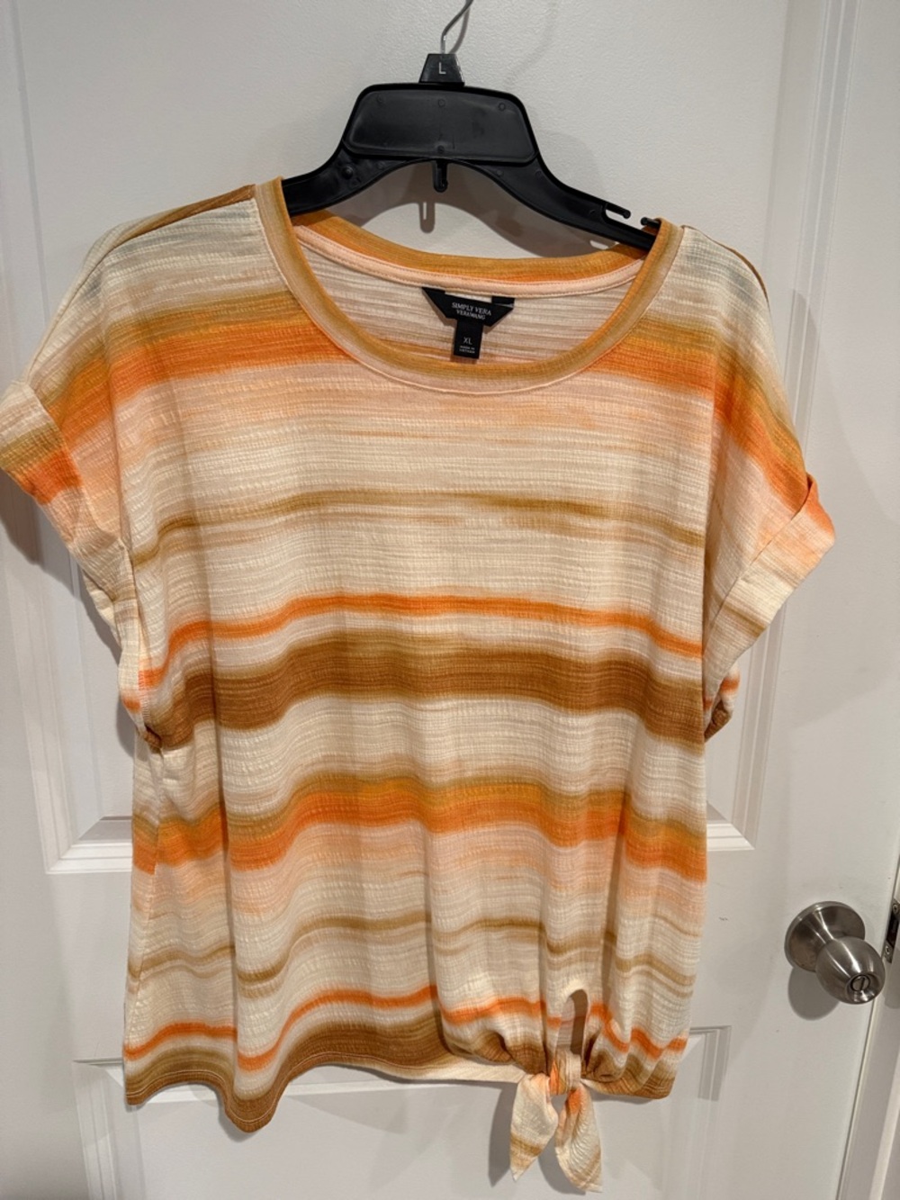 Simply Vera Vera Wang Cream and Orange Striped Short-Sleeve Tie-Hem Top worn onc